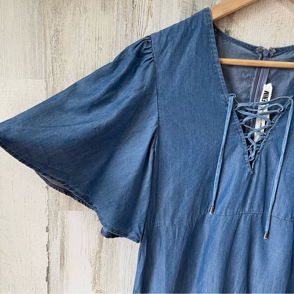 Lovers + Friends Denim Washed Ashore Flutter Sleeve Lace Up Dress Size S - Picture 6 of 13